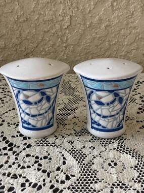 Pfaltzgraff Mosaic Blue and White Ceramic Salt and Pepper Shakers